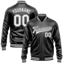 Загрузить изображение в средство просмотра галереи, Custom Black White-Black Bomber Full-Snap Varsity Faux Leather Letterman Jacket