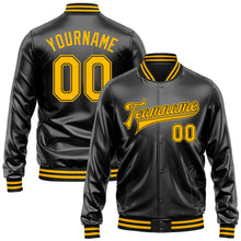 Laden Sie das Bild in den Galerie-Viewer, Custom Black Gold-Black Bomber Full-Snap Varsity Faux Leather Letterman Jacket