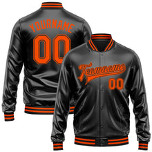 Load image into Gallery viewer, Custom Black Orange-Black Bomber Full-Snap Varsity Faux Leather Letterman Jacket