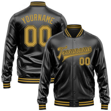 Загрузить изображение в средство просмотра галереи, Custom Black Old Gold-Black Bomber Full-Snap Varsity Faux Leather Letterman Jacket