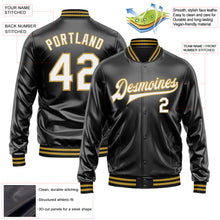 Загрузить изображение в средство просмотра галереи, Custom Black White-Old Gold Bomber Full-Snap Varsity Faux Leather Letterman Jacket
