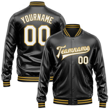 Загрузить изображение в средство просмотра галереи, Custom Black White-Old Gold Bomber Full-Snap Varsity Faux Leather Letterman Jacket