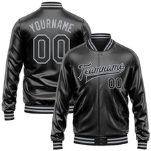 Загрузить изображение в средство просмотра галереи, Custom Black Black-Gray Bomber Full-Snap Varsity Faux Leather Letterman Jacket