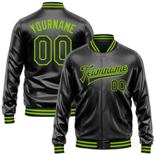 Загрузить изображение в средство просмотра галереи, Custom Black Black-Neon Green Bomber Full-Snap Varsity Faux Leather Letterman Jacket