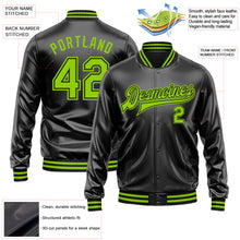 Загрузить изображение в средство просмотра галереи, Custom Black Neon Green-Black Bomber Full-Snap Varsity Faux Leather Letterman Jacket