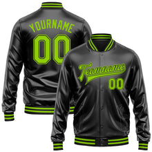 Загрузить изображение в средство просмотра галереи, Custom Black Neon Green-Black Bomber Full-Snap Varsity Faux Leather Letterman Jacket