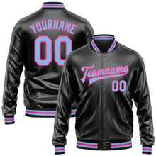 Загрузить изображение в средство просмотра галереи, Custom Black Light Blue-Pink Bomber Full-Snap Varsity Faux Leather Letterman Jacket