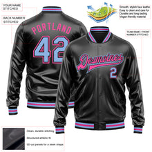 Загрузить изображение в средство просмотра галереи, Custom Black Light Blue-Pink Bomber Full-Snap Varsity Faux Leather Letterman Jacket