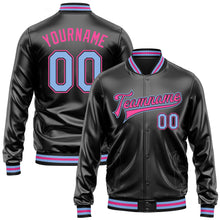 Загрузить изображение в средство просмотра галереи, Custom Black Light Blue-Pink Bomber Full-Snap Varsity Faux Leather Letterman Jacket