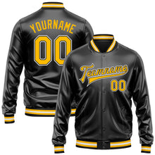 Загрузить изображение в средство просмотра галереи, Custom Black Gold-White Bomber Full-Snap Varsity Faux Leather Letterman Jacket