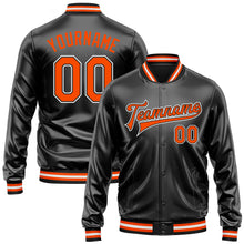Загрузить изображение в средство просмотра галереи, Custom Black Orange-White Bomber Full-Snap Varsity Faux Leather Letterman Jacket