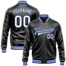 Загрузить изображение в средство просмотра галереи, Custom Black White-Royal Bomber Full-Snap Varsity Faux Leather Letterman Jacket