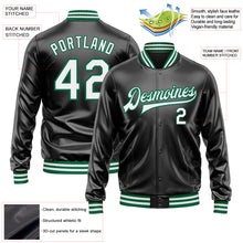 Загрузить изображение в средство просмотра галереи, Custom Black White-Kelly Green Bomber Full-Snap Varsity Faux Leather Letterman Jacket