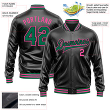 Загрузить изображение в средство просмотра галереи, Custom Black Kelly Green-Pink Bomber Full-Snap Varsity Faux Leather Letterman Jacket