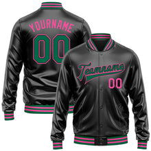 Загрузить изображение в средство просмотра галереи, Custom Black Kelly Green-Pink Bomber Full-Snap Varsity Faux Leather Letterman Jacket