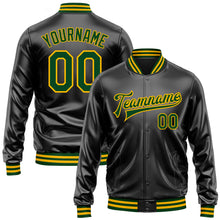 Загрузить изображение в средство просмотра галереи, Custom Black Green-Gold Bomber Full-Snap Varsity Faux Leather Letterman Jacket