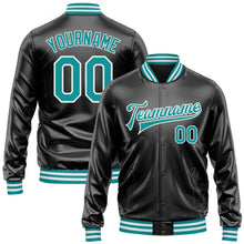 Загрузить изображение в средство просмотра галереи, Custom Black Teal-White Bomber Full-Snap Varsity Faux Leather Letterman Jacket
