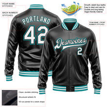Загрузить изображение в средство просмотра галереи, Custom Black White-Teal Bomber Full-Snap Varsity Faux Leather Letterman Jacket