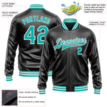 Загрузить изображение в средство просмотра галереи, Custom Black Aqua-White Bomber Full-Snap Varsity Faux Leather Letterman Jacket