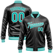 Загрузить изображение в средство просмотра галереи, Custom Black Aqua-White Bomber Full-Snap Varsity Faux Leather Letterman Jacket