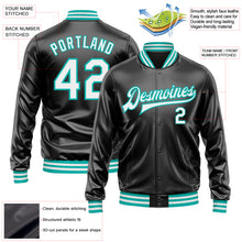 Загрузить изображение в средство просмотра галереи, Custom Black White-Aqua Bomber Full-Snap Varsity Faux Leather Letterman Jacket