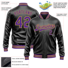 Загрузить изображение в средство просмотра галереи, Custom Black Purple-Old Gold Bomber Full-Snap Varsity Faux Leather Letterman Jacket