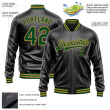 Загрузить изображение в средство просмотра галереи, Custom Black Green-Old Gold Bomber Full-Snap Varsity Faux Leather Letterman Jacket