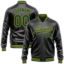 Загрузить изображение в средство просмотра галереи, Custom Black Green-Old Gold Bomber Full-Snap Varsity Faux Leather Letterman Jacket