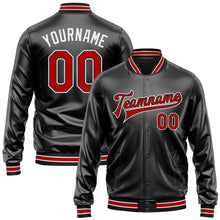 Загрузить изображение в средство просмотра галереи, Custom Black Red-White Bomber Full-Snap Varsity Faux Leather Letterman Jacket