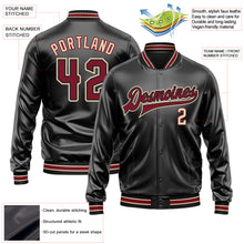 Загрузить изображение в средство просмотра галереи, Custom Black Crimson-City Cream Bomber Full-Snap Varsity Faux Leather Letterman Jacket