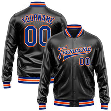 Загрузить изображение в средство просмотра галереи, Custom Black Royal-Orange Bomber Full-Snap Varsity Faux Leather Letterman Jacket