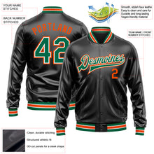 Загрузить изображение в средство просмотра галереи, Custom Black Kelly Green-Orange Bomber Full-Snap Varsity Faux Leather Letterman Jacket