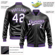 Загрузить изображение в средство просмотра галереи, Custom Black White-Purple Bomber Full-Snap Varsity Faux Leather Letterman Jacket