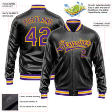 Загрузить изображение в средство просмотра галереи, Custom Black Purple-Gold Bomber Full-Snap Varsity Faux Leather Letterman Jacket