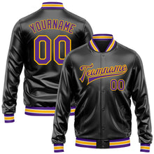 Загрузить изображение в средство просмотра галереи, Custom Black Purple-Gold Bomber Full-Snap Varsity Faux Leather Letterman Jacket