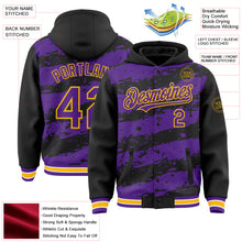 Load image into Gallery viewer, Custom Black Purple-Gold Splash 3D Pattern Design Bomber Full-Snap Varsity Letterman Hoodie Jacket