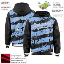 Load image into Gallery viewer, Custom Black Light Blue-White Splash 3D Pattern Design Bomber Full-Snap Varsity Letterman Hoodie Jacket