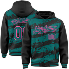 Load image into Gallery viewer, Custom Black Teal-Pink Splash 3D Pattern Design Bomber Full-Snap Varsity Letterman Hoodie Jacket