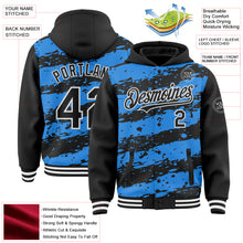 Laden Sie das Bild in den Galerie-Viewer, Custom Powder Blue Black-White Splash 3D Pattern Design Bomber Full-Snap Varsity Letterman Hoodie Jacket