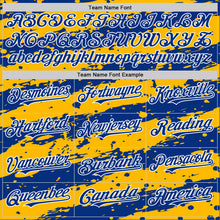 Загрузить изображение в средство просмотра галереи, Custom Gold Royal-White Splash 3D Pattern Design Bomber Full-Snap Varsity Letterman Hoodie Jacket