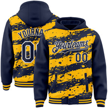 Load image into Gallery viewer, Custom Gold Navy-White Splash 3D Pattern Design Bomber Full-Snap Varsity Letterman Hoodie Jacket