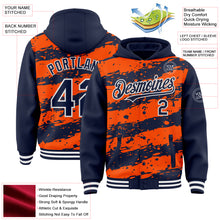 Load image into Gallery viewer, Custom Orange Navy-White Splash 3D Pattern Design Bomber Full-Snap Varsity Letterman Hoodie Jacket