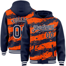 Load image into Gallery viewer, Custom Orange Navy-White Splash 3D Pattern Design Bomber Full-Snap Varsity Letterman Hoodie Jacket