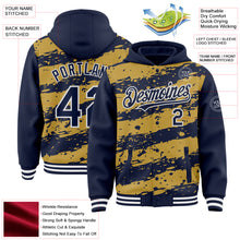 Load image into Gallery viewer, Custom Old Gold Navy-White Splash 3D Pattern Design Bomber Full-Snap Varsity Letterman Hoodie Jacket