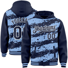 Load image into Gallery viewer, Custom Light Blue Navy-White Splash 3D Pattern Design Bomber Full-Snap Varsity Letterman Hoodie Jacket
