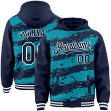 Загрузить изображение в средство просмотра галереи, Custom Teal Navy-White Splash 3D Pattern Design Bomber Full-Snap Varsity Letterman Hoodie Jacket