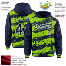 Загрузить изображение в средство просмотра галереи, Custom Neon Green Navy-White Splash 3D Pattern Design Bomber Full-Snap Varsity Letterman Hoodie Jacket