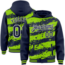 Загрузить изображение в средство просмотра галереи, Custom Neon Green Navy-White Splash 3D Pattern Design Bomber Full-Snap Varsity Letterman Hoodie Jacket