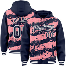 Загрузить изображение в средство просмотра галереи, Custom Medium Pink Navy-White Splash 3D Pattern Design Bomber Full-Snap Varsity Letterman Hoodie Jacket