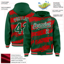 Load image into Gallery viewer, Custom Red Kelly Green-White Splash 3D Pattern Design Bomber Full-Snap Varsity Letterman Hoodie Jacket